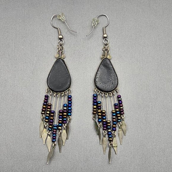 VTG Purple Southwestern Dangle Drop Earrings Beaded Fringe Tribal Pattern Design - Picture 5 of 7